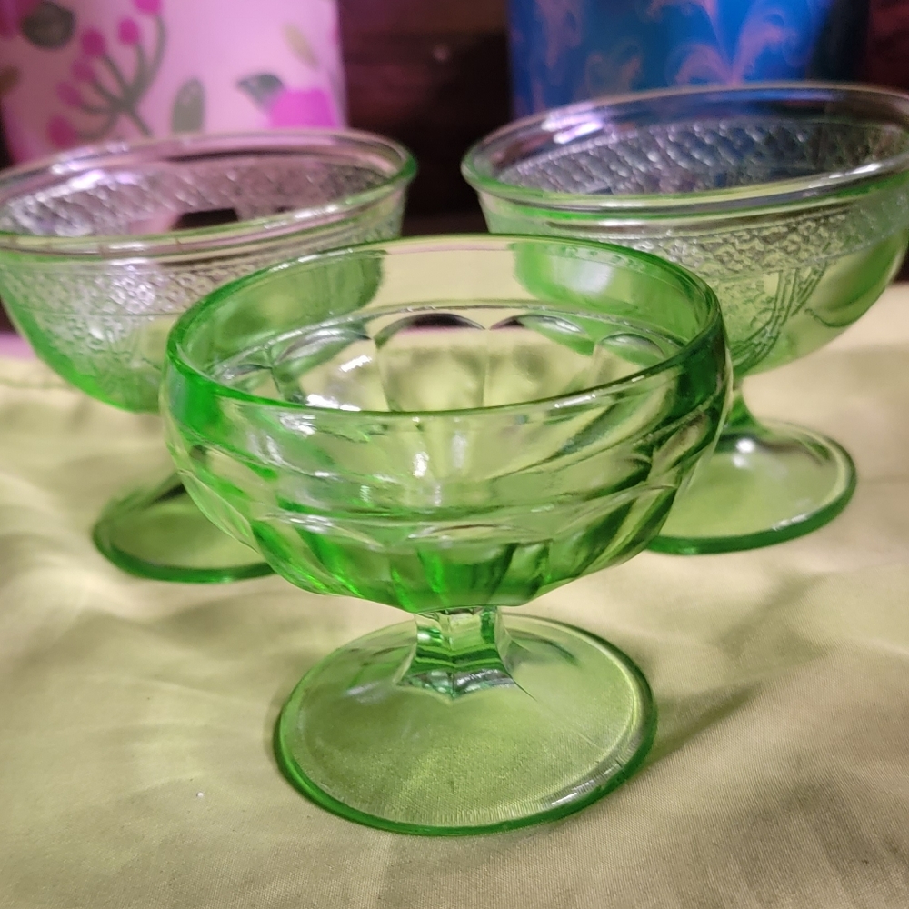 Federal Uranium glass sherbets. Depression glass. UV Reactive